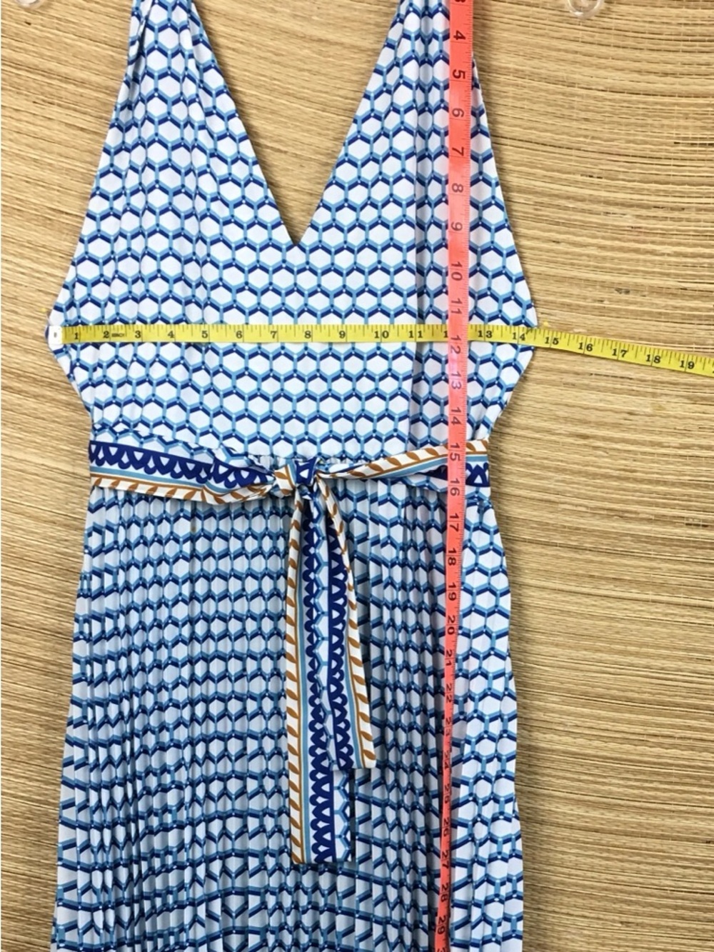 Le Superbe Halter Pleated Maxi Dress Belted In Santorini Dream (White & Blue) M - Picture 12 of 13